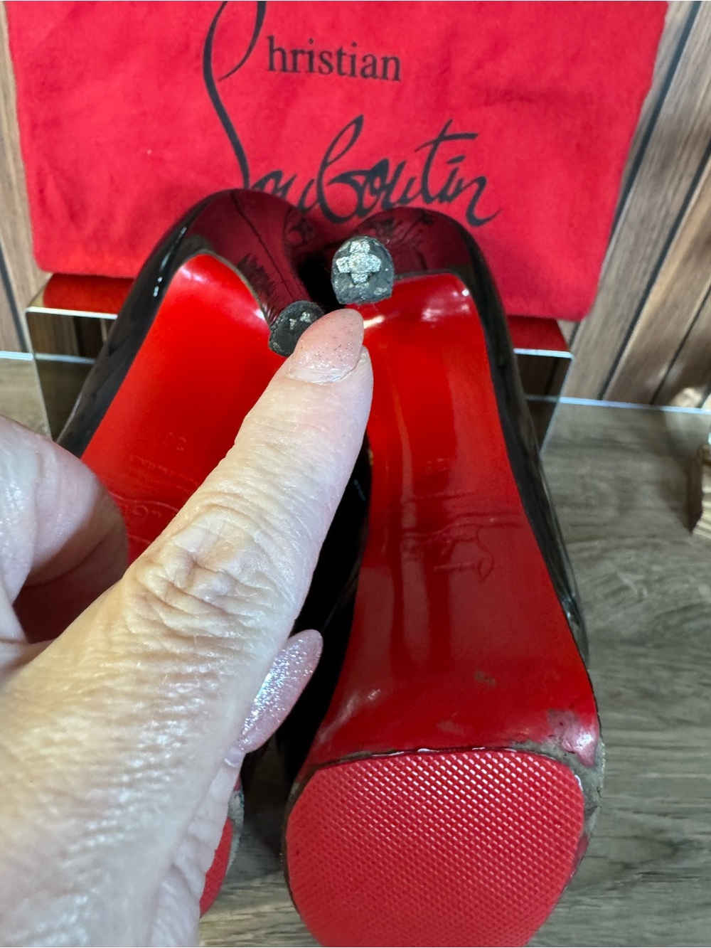 Christian Louboutin Black Patent Peep-Toe Red Bottom Platform Pumps, Size 36 - Picture 4 of 16